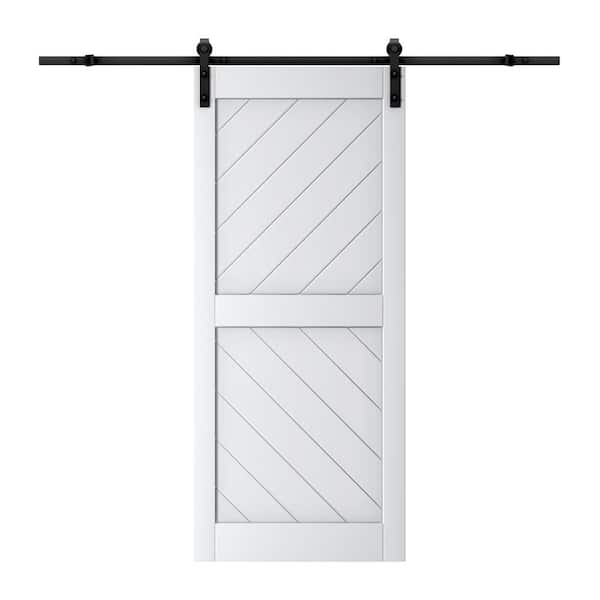 ARK DESIGN 36 in. x 84 in. 2 Lite Wave Patterned Solid Core Finished White MDF Barn Door Slab with Hardware Kit