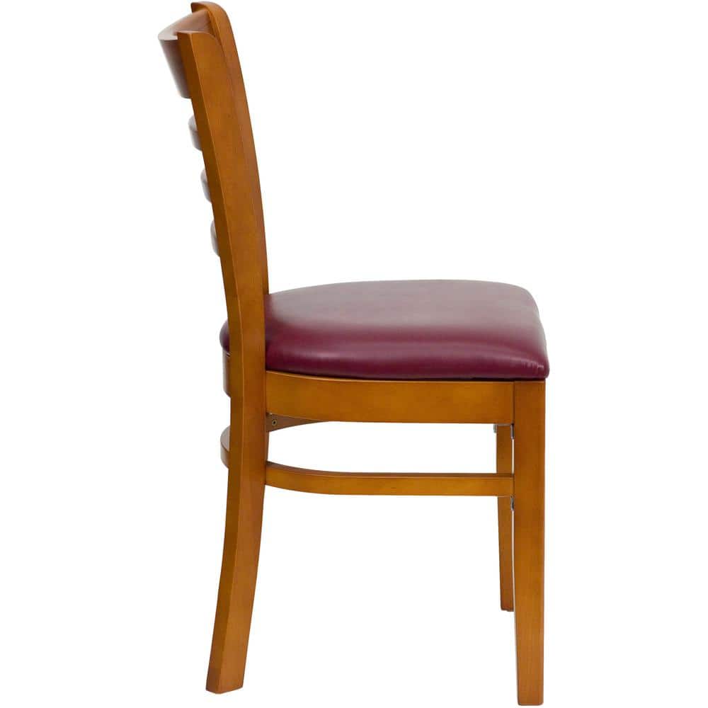 Cherry Wood Ladder Back Chair with Burgundy Vinyl Seat
