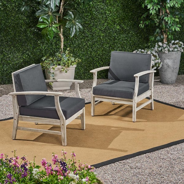 Noble House Perla Light Grey Removable Cushions Wood Outdoor Patio Lounge Chair with Dark Grey Cushions (2-Pack)