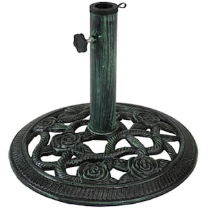 16 in. Cast Iron Patio Umbrella Base in Green with Rose Blossom Design