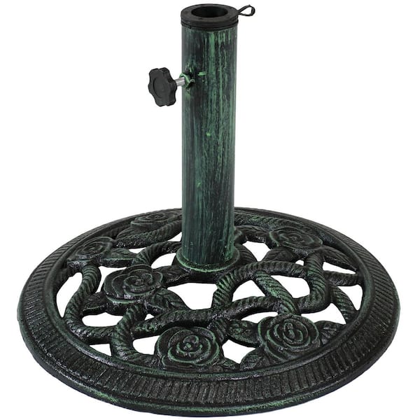 Sunnydaze 16 in. Cast Iron Patio Umbrella Base in Green with Rose Blossom Design