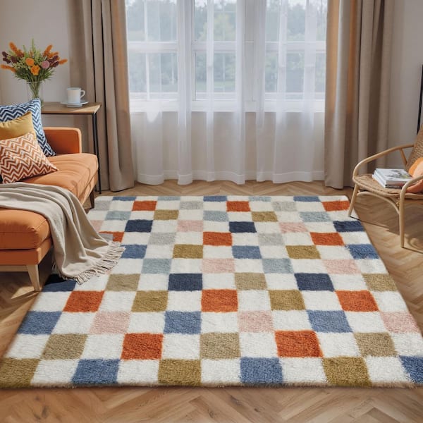 Checkerboard Shag Multicolor 4 ft. x 6 ft. Checkered Area Rug