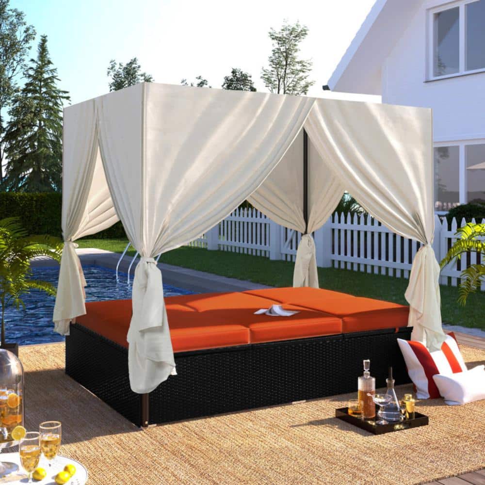 Wicker Outdoor Double Chaise Patio Daybed with Curtains and Cushions for Backyard,Poolside, Terrace