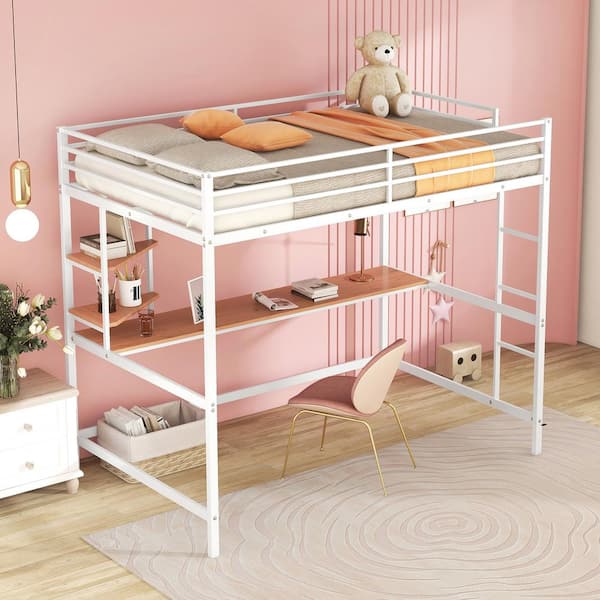 Harper & Bright Designs White Full Size Metal Loft Bed with Built-in Wood Desk, 2-Shelves