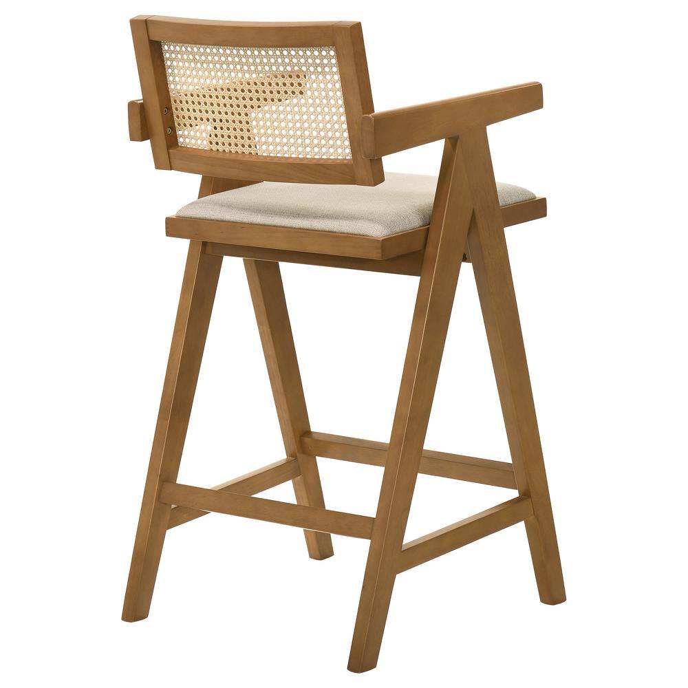 Light Walnut Mid-Century Modern Rattan Bar Stool with Upholstered Seat