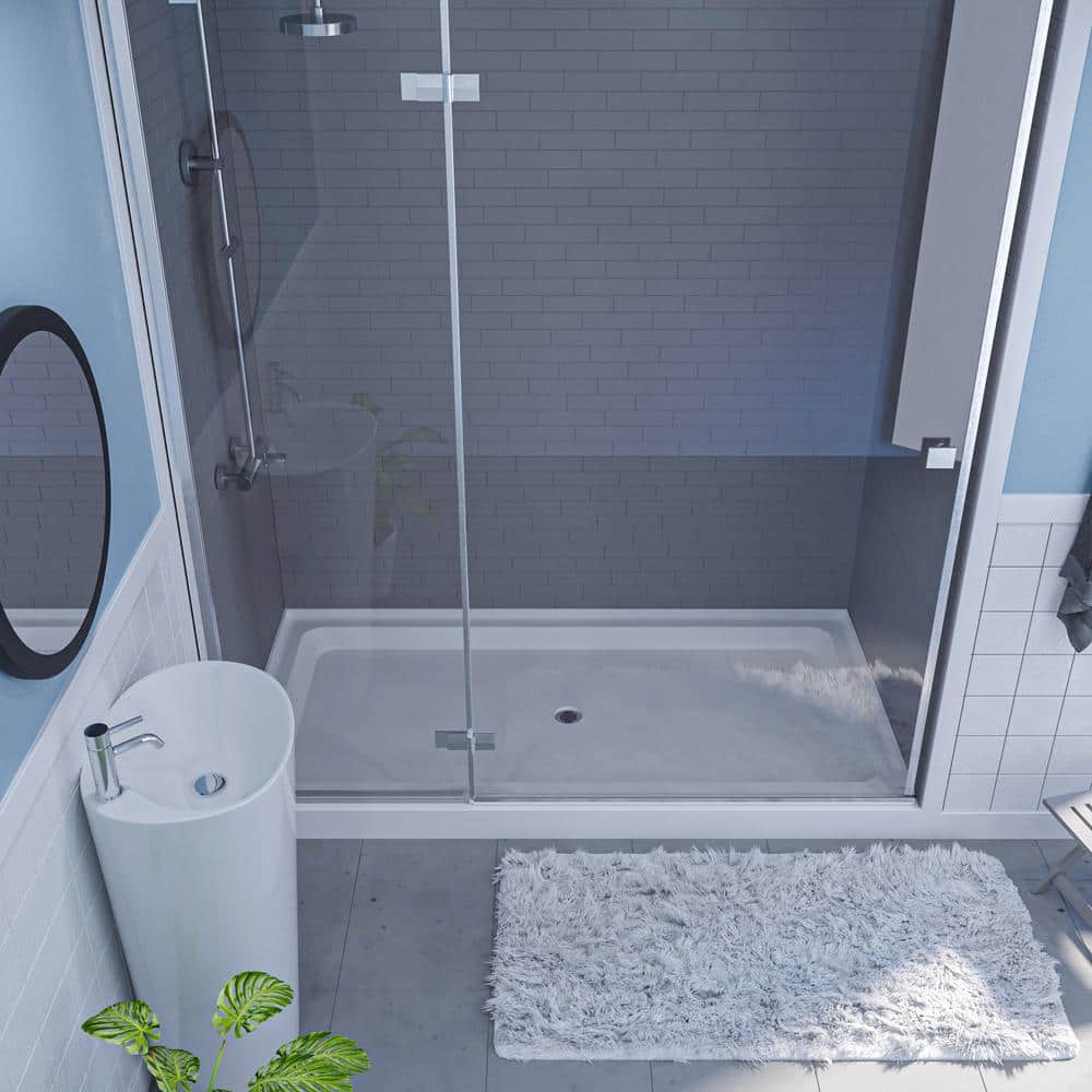 60'' White Acrylic Rectangular Shower Base with Polished Chrome Drain