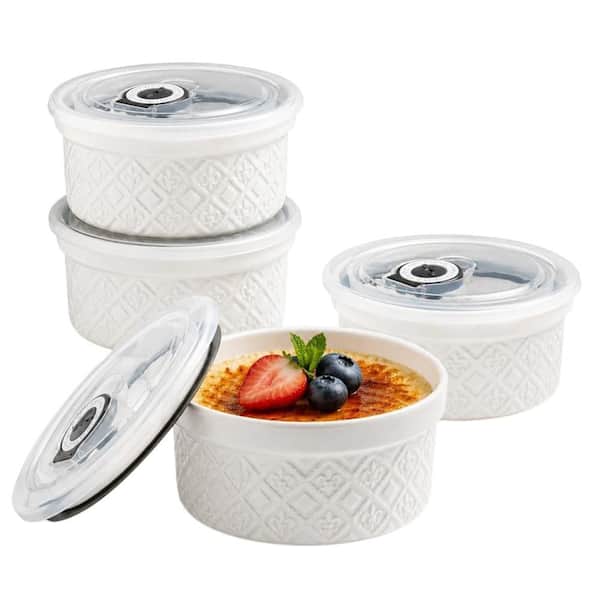 4.5 in. 12 fl. oz. White Ceramic Serving Bowls with Lids, Creme Brulee Ramekins (Set of 4)