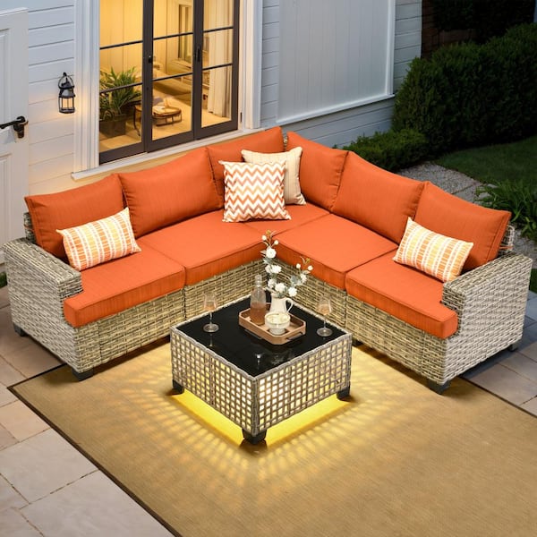 Kelleys 6-Piece Wicker Modern Outdoor Patio Conversation Sofa Sectional Set with Orange Red Cushions