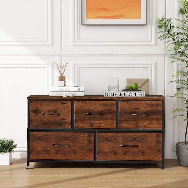 WONDER COMFORT Modern Rust Brown 5 Drawer 11.8 in. Wide Chest of Drawers with Fabric Bin, Steel Frame, Wood Top for Bedroom, Entryway