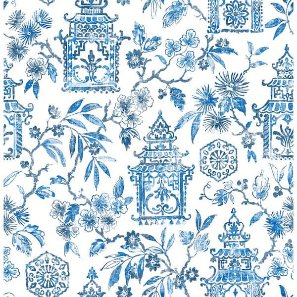 A-Street Prints Helaine Blue Pagoda Wallpaper Sample