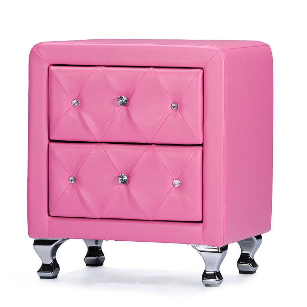 Stella Pink Faux Leather 2-Drawer Crystal Tufted Nightstand