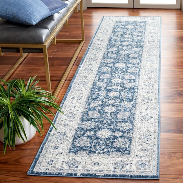 Layla 2 ft. x 9 ft. Blue/Ivory Gray Border Floral Runner Rug