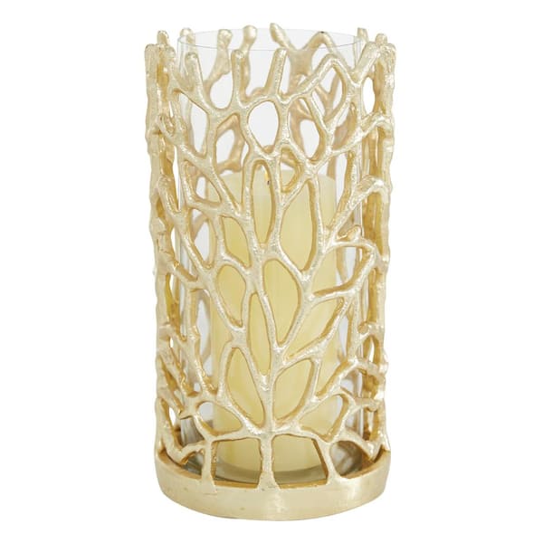 Litton Lane 10 in. H Gold Aluminum Decorative Candle Lantern with Coral Pattern