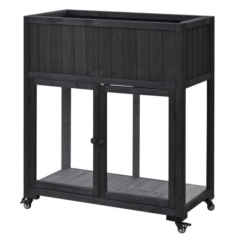 Black Fir Wood Raised Bed Compact 2 Doors Garden Greenhouse with Wheels for