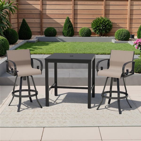 3-Piece Square Aluminum Outdoor Dining Set with 35.4 in. Table and Bar Stool in Ashe Sunbrella