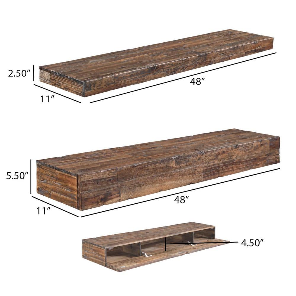 Distressed Dark Brown Acacia Wood 3-Tier Floating Shelves with Hidden Storage