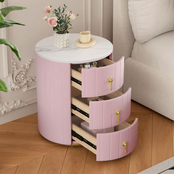 Pink 3-Drawer 15.75 in. W Round Upholstered Nightstand with Metal Handles, Marbling Stickers Top