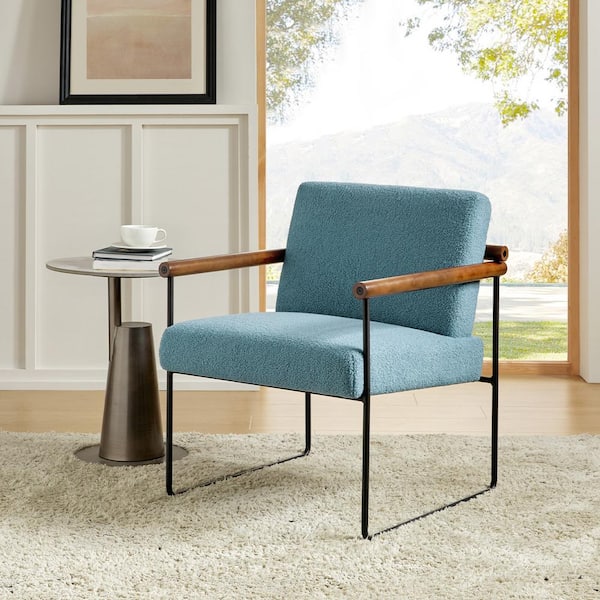 JAYDEN CREATION Juan Blue Modern Sherpa Arm Chair with Metal Base and Solid Wood Arm and Back