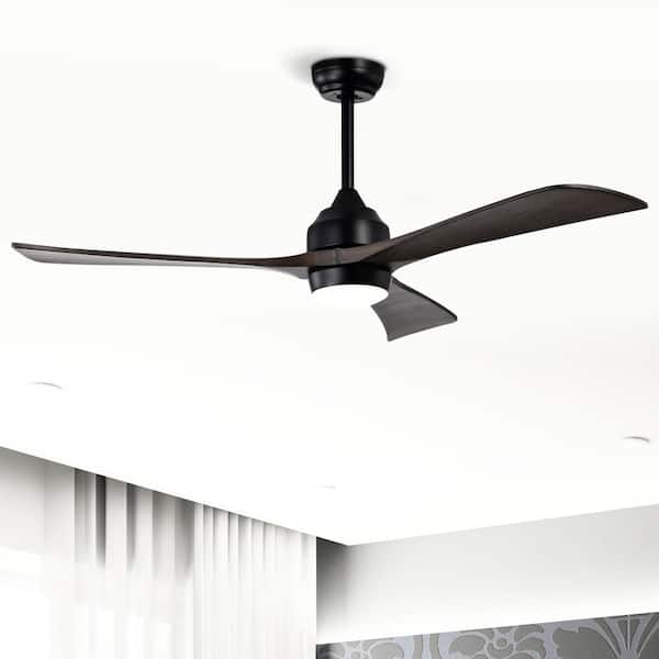 52 in. Modern Matte Black DC Motor Downrod Ceiling Fan Natural Solid Wood Blades LED Remote