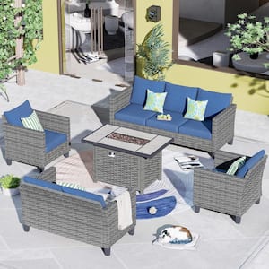 New Star Gray 5-Piece Wicker Patio Rectangle Fire Pit Conversation Seating Set with Blue Cushions