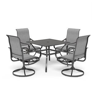 Black 5-Piece Metal Square Patio Outdoor Dining Set with Slat Table and Textilene Swivel Chairs