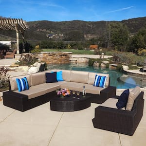 Santa Cruz Dark Brown 7-Piece Wicker Outdoor Sectional Set with Beige Cushions