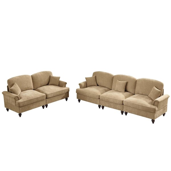 72 in. Flared Arm 2-piece Chenille with Removable Ruffles Skirts Sectional Sofa in Light Coffee