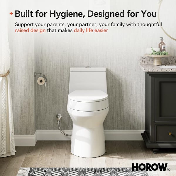 Elevated SoftClose Elongated Toilet Seat in White and 1-piece 0.8/1.28 GPF Dual Flush Toilet Combo with ADA Chair Height