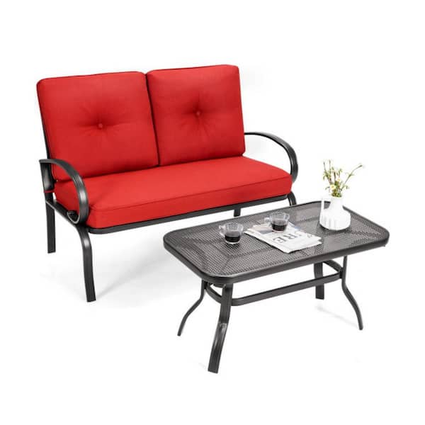 Clihome 2-Pieces Metal Outdoor Patio Conversation Set with CushionGuard Red Cushions and Coffee Table
