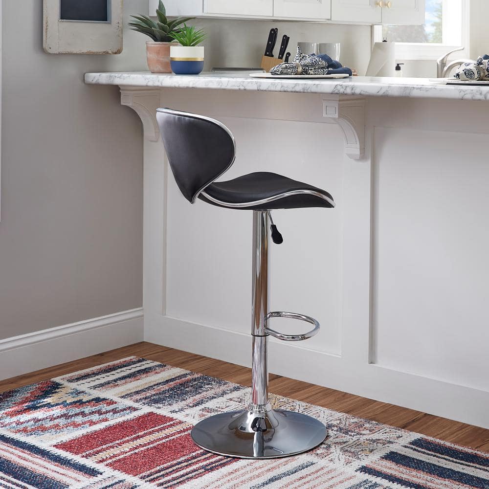Adjustable Swivel Bar Stool in Black Faux Leather and Chrome