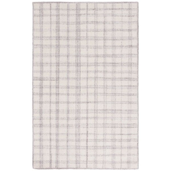 Abstract 5 ft. x 8 ft. Ivory/Silver Border Plaid Area Rug