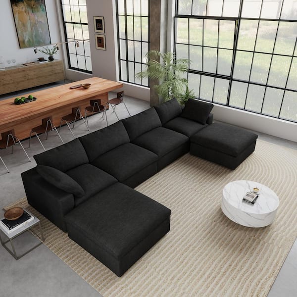 J&E Home 160.6 in. Square 5-piece Linen L-Shaped Free Combination Sectional Sofa with Storage Ottoman, Removable Cover in. Black