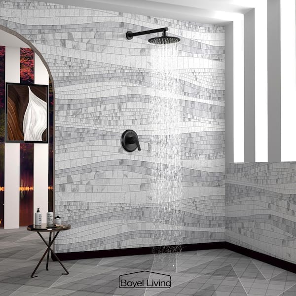 1-Spray Patterns with 3.4 GPM 9 in. Wall Mount Rain Fixed Shower Head with Single Lever Handle and Valve in Matte Black