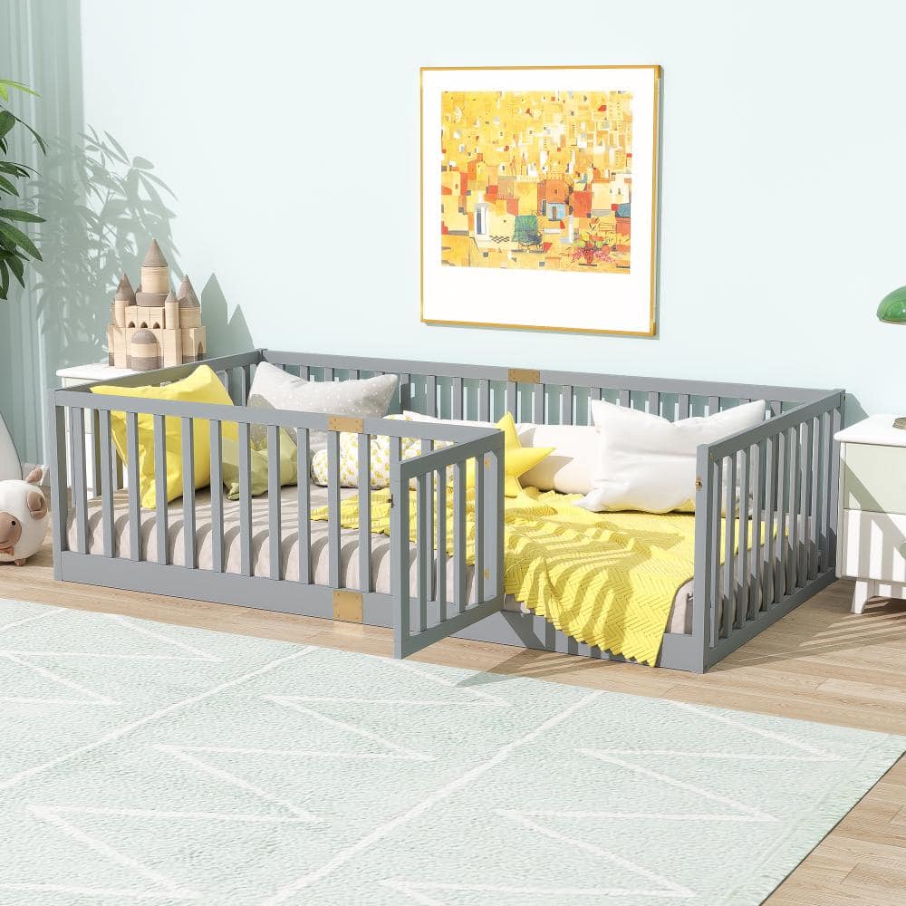 Gray Wood Frame Twin Size Platform Bed with High Fence Railings price history on PriceWatchPro