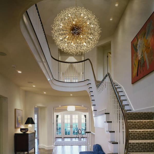 Calzada 59 in. 30-Light Brass Crystal Firework Chandelier with Included Bulbs, Modern Glam Dandelion Ceiling Fixture