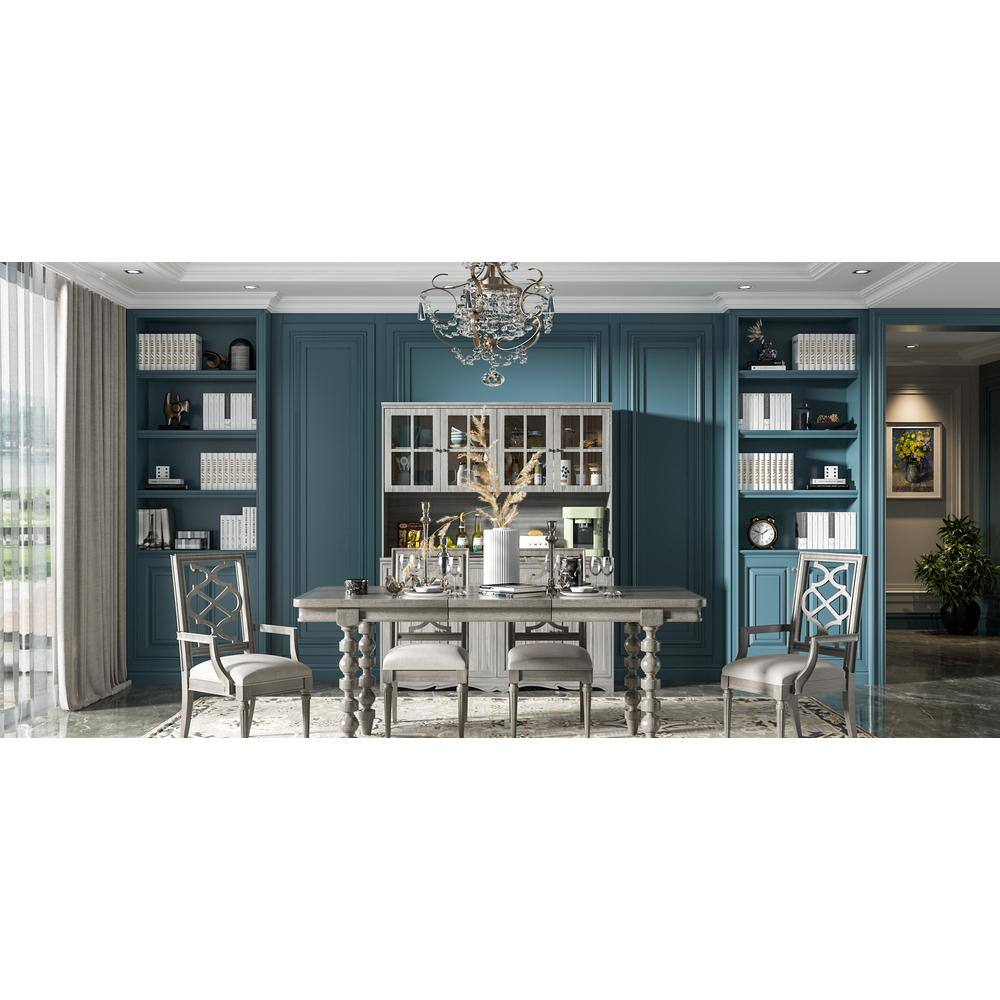 Gray retro style wood accent storage cabinet in a styled dining room setting.