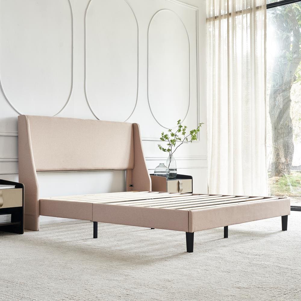 Upholstered Bed Frame with Headboard and Wingback, Beige Queen Size Bed Frame, Platform Bed with USB, and Type-C Ports - thumbnail 5