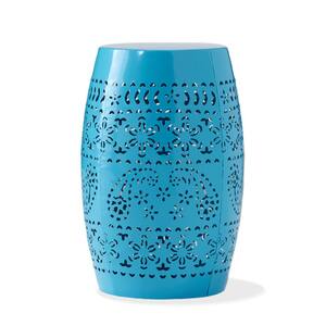 Blue 12 in. Iron Outdoor Side Table, Barrel Shape Lace Cut End Table with No Assembly Needed for Garden, Patio, Indoor