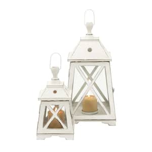White Metal Lighthouse Style Decorative Candle Lantern (Set of 2)