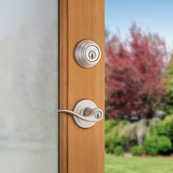 Tustin Satin Nickel Exterior Entry Door Handle and Single Cylinder Deadbolt Combo Pack Featuring SmartKey Security