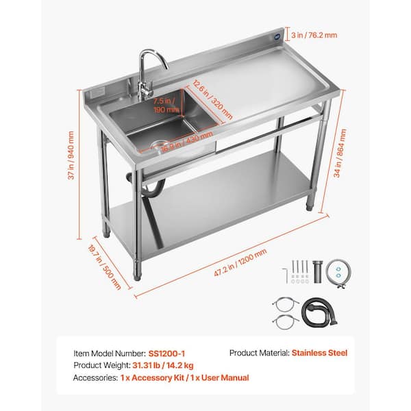 VEVOR 16.9 in. Stainless Steel Commercial Sink, Single Bowl