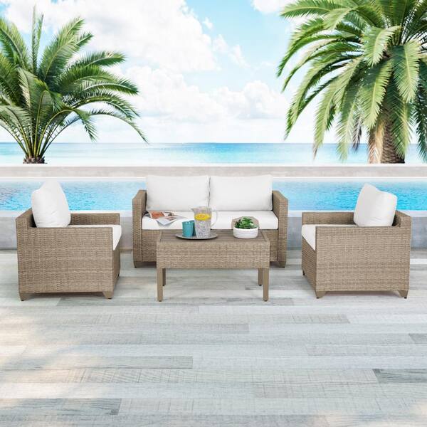 TK CLASSICS Maui 5-Piece Metal Patio Conversation Set with Linen White Cushions