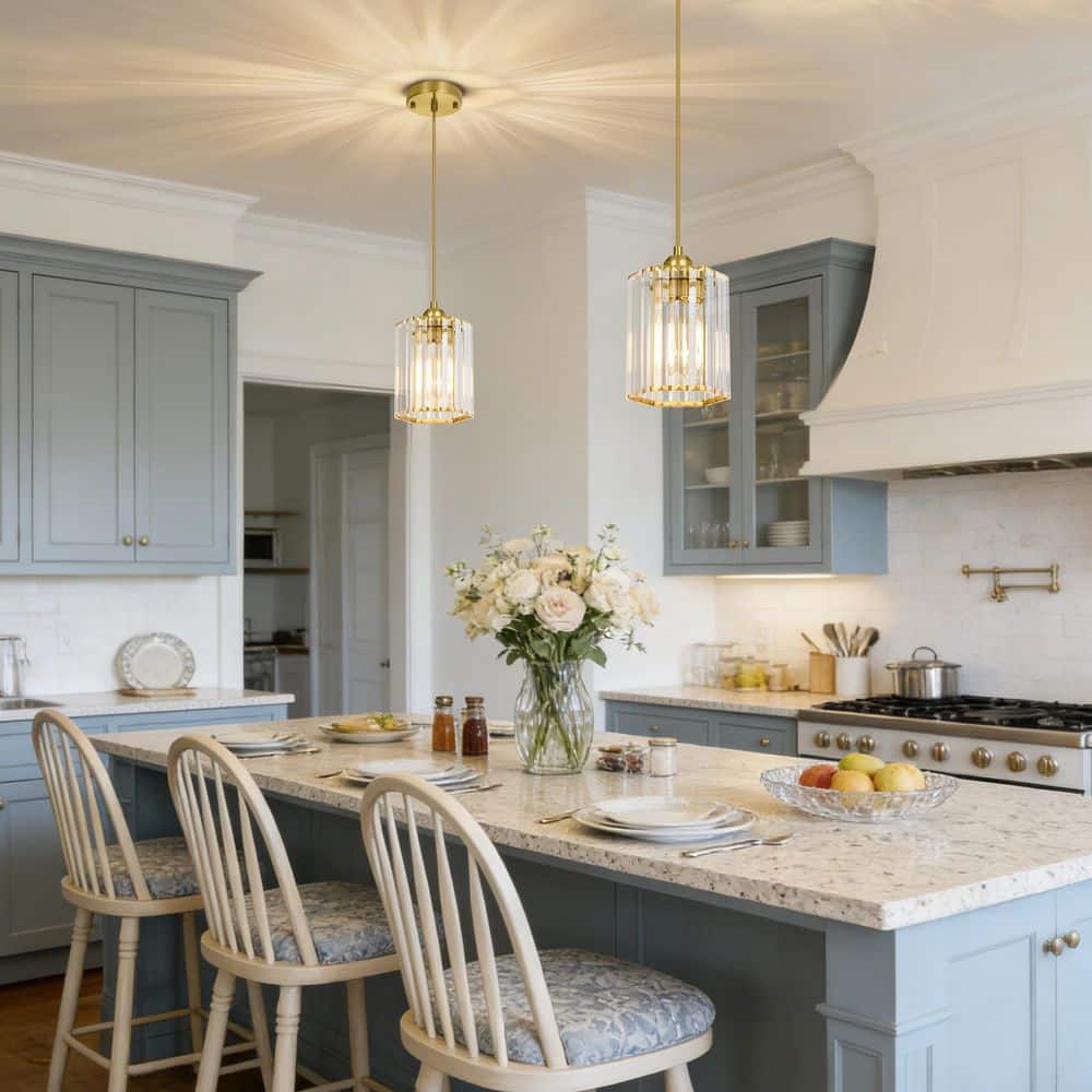 1-Light Gold Crystal Mini Pendant Light for Kitchen Island, Modern Hexagon Clear Crystal Hanging Light price history on PriceWatchPro