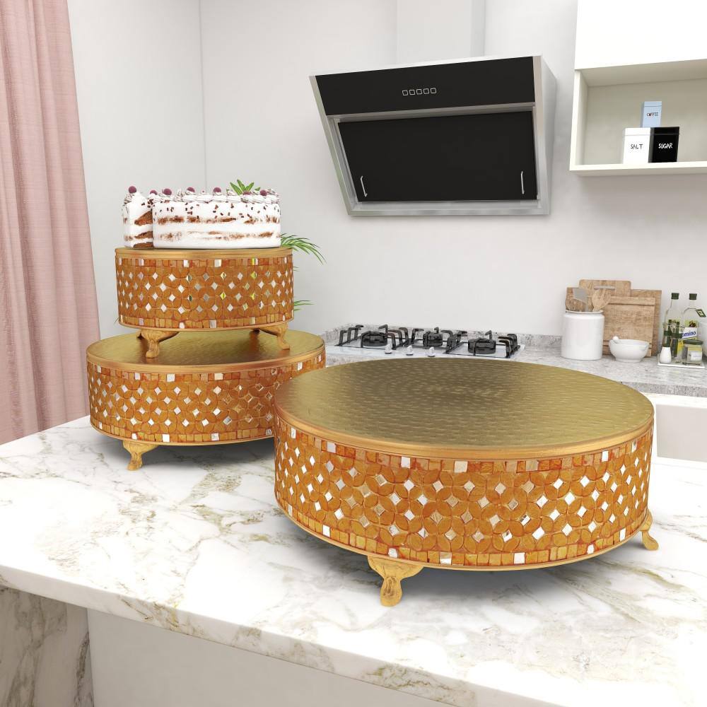 Gold Mosaic Patterned Glass and Metal Cake Stand Set of 3