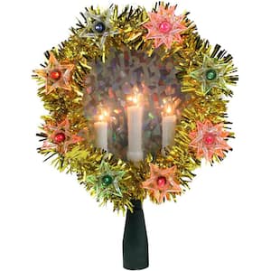 7 in. Gold Tinsel Wreath with Candles Christmas Tree Topper - Multi Lights