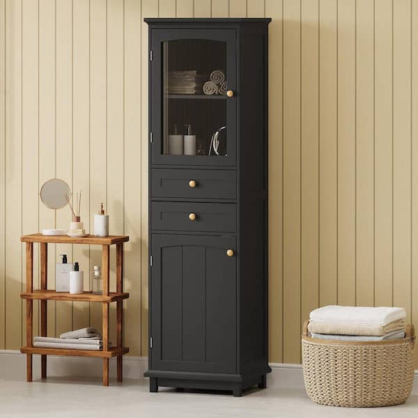 17.76 in. H x 14.21 in. D x 62.99 in. W Black Linen Cabinet, Tall Bath Cabinet with 2 Drawer, Adjustable Shelves