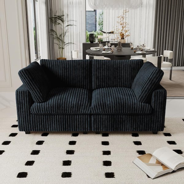 78 in. Square Arm Faux Rabbit Fur Velvet 2-Piece Oversized Loveseat Modular Sectional Sofa with Washable Covers in Black