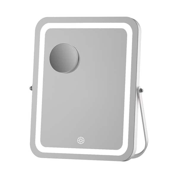 White 11 in W x 14 in. H Rounded Rectangle Framed LED Makeup Mirror with Bluetooth Speaker Vanity Mirror with Lights