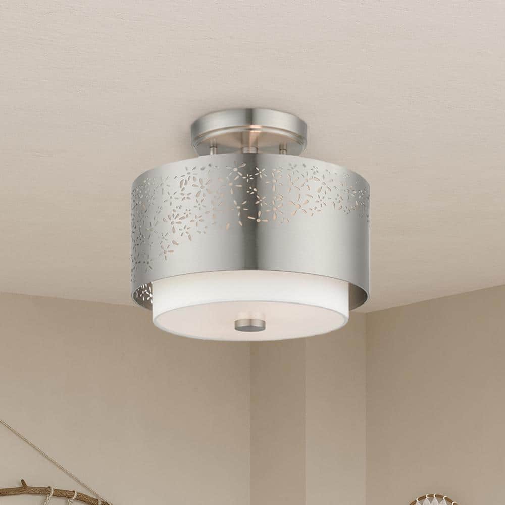 Brushed Nickel Drum LED Indoor/Outdoor Semi-Flush Mount