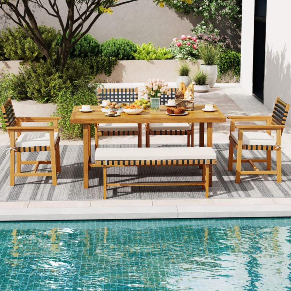 6-Piece Acacia Wood Outdoor Dining Set with White Cushions, Includes Table with Umbrella Hole, Bench & Armchairs price history on PriceWatchPro